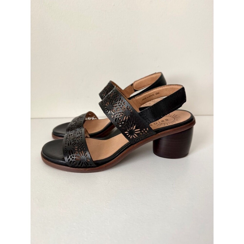 Brioso Paloma Black Leather Laser Cut Slingback Sandals Block Heel | Size 6